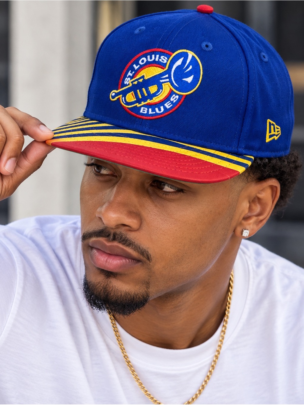 New Era St. Louis Blues 9FIFTY Trumpet Logo Snapback Hat Blue Yellow Red NHL